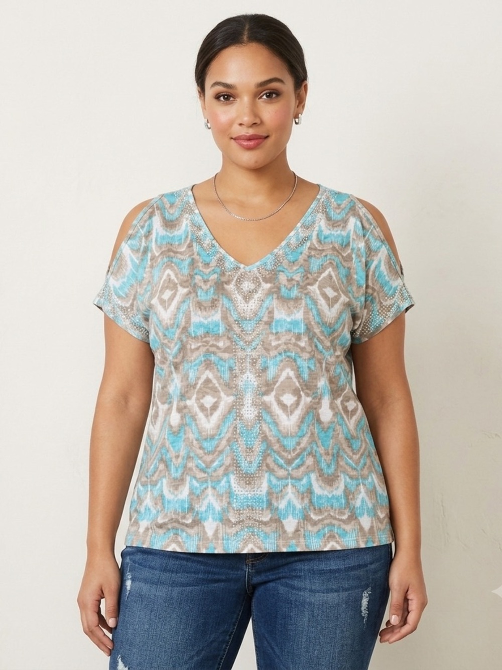 INC International Concepts Ikat Top Small Studded Embellish Boho Aqua Blue Tan